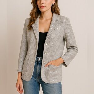 ECI New York Womens Silver Sequin Knit Jacket & Rhinestone Buttons Size Medium